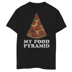 a black t - shirt with a pizza on it that says, my food pyramid