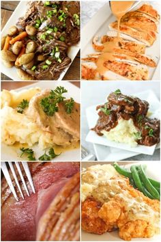 a collage of pictures with different types of food on them, including meat and potatoes