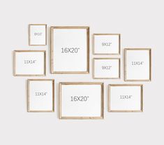 six wooden frames with measurements displayed on the wall