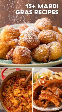 some food that is on a plate and in a bowl with the words, 15 + mardi gras recipes