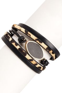 - Leather stacked bracelet with stone center Adjustable Magnetic Metal Bracelet, Adjustable Leather Bracelets With Magnetic Closure, Adjustable Leather Bracelet With Magnetic Closure, Adjustable Double Band Leather Strap Jewelry, Adjustable Double Band Jewelry With Leather Strap, Adjustable Black Band Leather Bracelet, Leopard Bracelet, Bracelet With Stone, Statement Bracelets