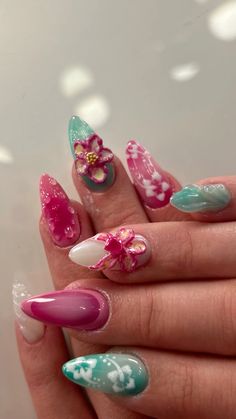 Orchid nails almond nails pink blue green white hibiscus nail art 3D nails flowers (nailsbysiri__) Nail Art Intricate, Nail Inspo Summer Colorful, Hibiscus Flower Nails 3d, Aura Nails With Hibiscus Flowers, Sea Creature Nails, Teal And Pink Nails, Green And Blue Nails, Glossy French Tip, Blue Green Nails