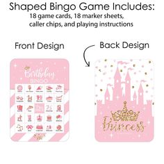 a pink and gold princess themed birthday party game with the words,'shaped bingo game includes