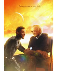 two men sitting next to each other in front of an orange sky with planets and stars