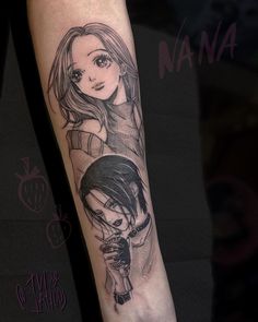 an arm tattoo with two girls on it