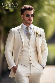 >>ORIGINAL ARTWORK AND CONTENT, PLEASE DO NOT COPY<< Men Suits, Suits For Man, Classic Ivory Linen Three Piece Suit for Men - Elegant Wedding Attire, Formal Events - Handcrafted Men's Suit Set, Stylish Formal Attire for Special Occasions, Formal attire, Formal Fashion Slim Fit Suit, Formal piece Wedding Suit, Double Breasted, Formal Fashion Slim Fit Suit. Elevate your style with our Classic Ivory Linen Three Piece Suit for men, meticulously tailored for the modern gentleman. This sophisticated ensemble exudes timeless charm and is the epitome of refined fashion, making it an ideal choice for weddings, formal gatherings, and special occasions. Crafted from premium linen fabric, this suit not only provides a comfortable fit but also ensures breathability, perfect for both indoor and outdoor Light Beige Groom Suit, Men Suit Colors Wedding, Mens White Wedding Attire, Tan Wedding Tuxedo Groom Attire, Mens Ivory Suit Wedding, Wedding Father Outfit, Off White Wedding Suit For Men, Champagne Mens Wedding Attire, Cream Three Piece Suit