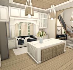 Roblox House Interior, Blue Bloxburg Kitchen, Bloxburg House Inside Ideas, White Bloxburg House, Cute Bloxburg Kitchens, Apartment Loft Ideas, Roblox Houses, Bloxburg Layout, Bloxburg Beach House