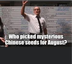 a man and woman standing next to each other in front of a sign that says who picked mysterious chinese seeds for august?