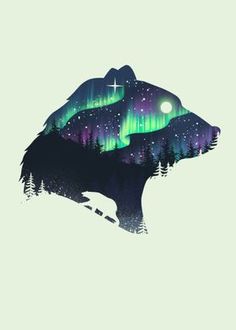 an illustration of a bear with the aurora lights on it's head and stars in the sky