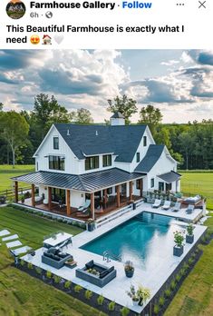 an aerial view of a house with a pool in the front yard and lawn area