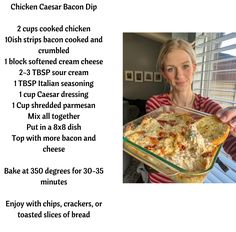 a woman holding a casserole dish with instructions for how to bake it