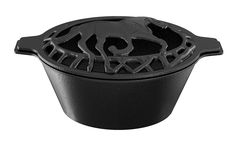 a black pot with a horse design on the top and bottom, sitting in front of a white background