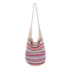 a multicolored bag is hanging on a white wall