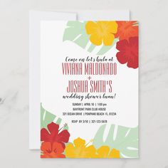 the tropical flowers bridal party card is shown in red, yellow and green colors