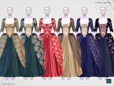 several different colored gowns on mannequin heads