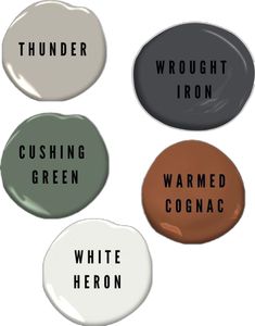 four different shades of paint with the words, thunder, wrought iron, cushing green, warmer cognac and white heron