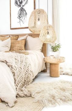 a bedroom with white walls and flooring is decorated in natural materials, including wicker