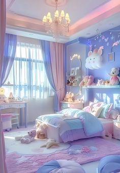 a child's bedroom decorated in pastel colors