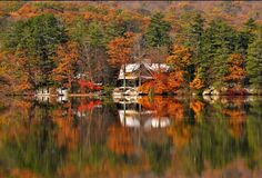 a lake surrounded by lots of trees with fall foliage on it's sides and houses in the background