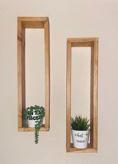 two wooden shelves with plants in them and one hanging on the wall next to each other