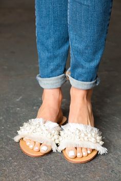 Get your boho chic on with this pair of linen frayed faux pearl band slide sandals. Light weight and sporting a low heel, show off your latest Pedi with these versatile, well-made sandals. Pair with bootcut denim, shorts or summer dresses.   Frayed Linen + Jewels + Slide Sandal + Heel Sizes: 5.5 - 6- 6.5 - 7 - 7.5 - 8 Rhinestone Slides, Boho Chique, Hair Gift, Denim Short Dresses, Beaded Sandals, Boot Cut Denim, Jeans Bootcut, 4 Inch Heels, Denim Leggings