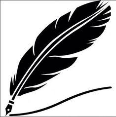 a black and white silhouette of a quill with a feather resting on it's tip