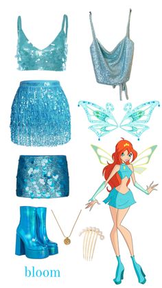 the tinkerbell fairy costume is shown in blue and has two different outfits, one with