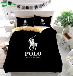 black and white bedding with polo logo on it