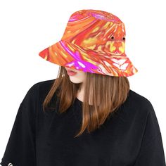 These Cool Colorful Bucket Hats feature an Abstract Retro Magenta and Autumn Colors Floral Swirl Original All Over Print Design. It will keep the Sun off your face and give you a cool vibe at the same time! The Unisex construction make it perfect for Women, Men, Teens and Tweens. Made from Chino Cotton Twill – these bucket hats are soft, slightly shiny, comfortable, and fun! This Original Digital Oil Painting by My Rubio Garden features an Abstract Retro Magenta and Autumn Colors Floral Swirl wi Summer Bucket Hat, Digital Oil Painting, Sun Hats For Women, Garden Features, Summer Bucket, Autumn Colors, Bucket Hats, White Accents, Cotton Twill Fabric