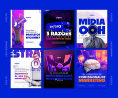 four different advertising brochures are shown in blue and purple colors, with the words'3 rados'written below them