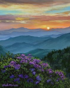 a painting of mountains with purple flowers in the foreground and a sunset behind them