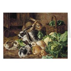 a painting of rabbits and cabbage in a barnyard