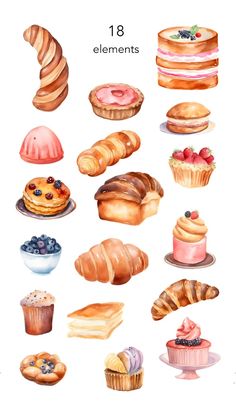 a watercolor painting of different types of pastries