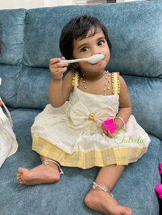 Onam Frock For Baby Girl, Festive Cream Cotton Dress, Kasavu Frock, Kerala Traditional Dress, Onam Outfits Ideas, Onam Dress, Onam Outfits, Frocks For Babies, Frocks For Kids