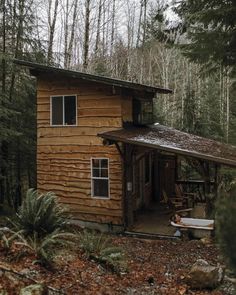 a small cabin in the woods surrounded by trees