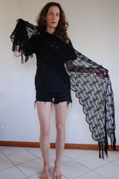 70's hand crochet black wool scarf / witchy spiderweb elegance! Handmade Black Bohemian Shawl, Black Wedding Shawl Scarf, Black Bohemian Shawl For Wedding, Elegant Black Lace Shawl, Crochet Spiderweb, Small Fringe, Mysterious Events, Crochet Black, Cotton Nightgown