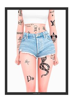 a woman with tattoos on her arms and legs is standing in front of a white background