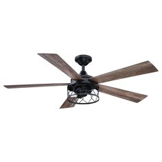 a black ceiling fan with wooden blades and caged light fixture on the top of it