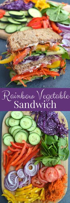 rainbow veggie sandwich with lettuce, carrots and cucumbers