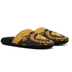 Size: Small ( 7us) S: 23 Cm Details: Cotton Sateen Slippers In Black. Signature Graphic Woven In Gold-Tone Throughout Padded Terrycloth Footbed And Sole Outer Composition: 100% Cotton Trim: 100% Cotton Supplier Color: Black Textile. Made In Italy Authenticity Can Be Confirmed At Any Versace Retailer Store Luxury Slippers With Rubber Sole, Designer Black Slippers With Leather Sole, Designer Black Round Toe Slippers, Designer Black Slippers With Round Toe, Versace Shoes, Terry Cloth, Versace, Slippers, Composition