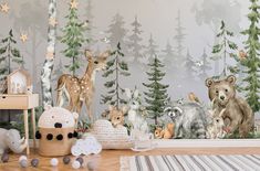 there are many animals in the forest wall mural