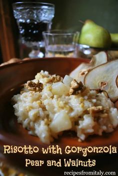 risotto with gorgonzola, pear and walnuts on a plate