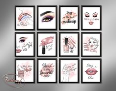 six framed pictures with different makeup quotes on the front and back, each featuring an eyeliner