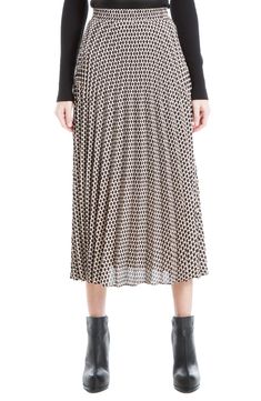 Crisp pleats create texture to a knee-length, midi skirt with decorative prints for an effortlessly chic look. Shell: 100% polyester; lining: 65% polyester, 35% rayon Dry clean Imported Model stats: 5'10" height, 32" bust, 25" waist, 36" hip. Model is wearing size S. Workwear Midi Length Pleated Skirt With Elastic Waistband, Pleated Midi Skirt With Elastic Waistband For Work, Workwear Full Pleated Skirt With Elastic Waistband, Flowy Pleated Skirt With Elastic Waistband For Work, Chic Midi-length Pleated Skirt With Elastic Waistband, Chic Midi Length Pleated Skirt With Elastic Waistband, Chic Pleated Skirt With Elastic Waistband, Elegant Knee-length Pleated Skirt With Elastic Waistband, Chic Knee-length Pleated Skirt With Elastic Waistband