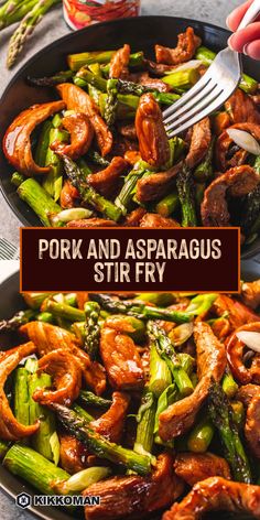 pork and asparagus stir fry in a skillet with a fork on the side