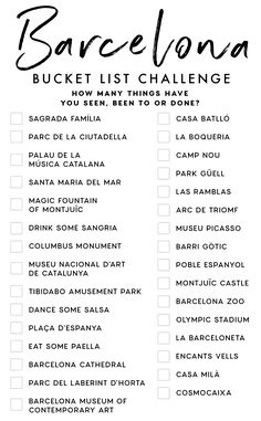 the barcelona bucket list is shown in black and white