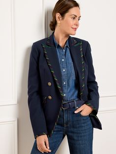 Bring modern sophistication to your ensembles with our timeless blazer. Accented with pretty ribbon trim and a flattering cutaway silhouette. Looks fabulous from AM to PM. Features Long Sleeve Hits At Hip Button front closure Flap front pockets Lined Imported Fit: Misses: 24 1/2"; Petite: 23"; Plus: 26 1/2"; Plus Petite: 24 1/2" Material: 63% Polyester, 32% Viscose, 5% Spandex; Lining: 100% Polyester Care: Cover Button With Foil; Dry Clean; Turn Garment Inside Out | Ribbon Trim Blazer Talbots White Jeans Summer, Styles For Women Over 50, Talbots Fashion, Pretty Ribbon, Fall Blazer, Shop Pants, Jeans Outfit Summer, Summer Black Dress, Summer Capsule Wardrobe