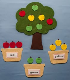 an apple tree is shown with apples in baskets and the words red, yellow, green