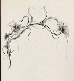 the back of a woman's dress with flowers on it, drawn in black and white