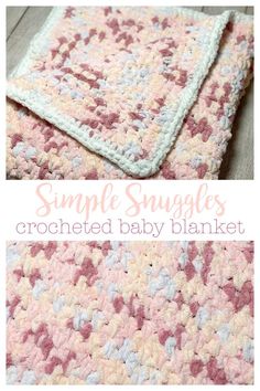 a crocheted baby blanket is shown with the words simple snuggles on it